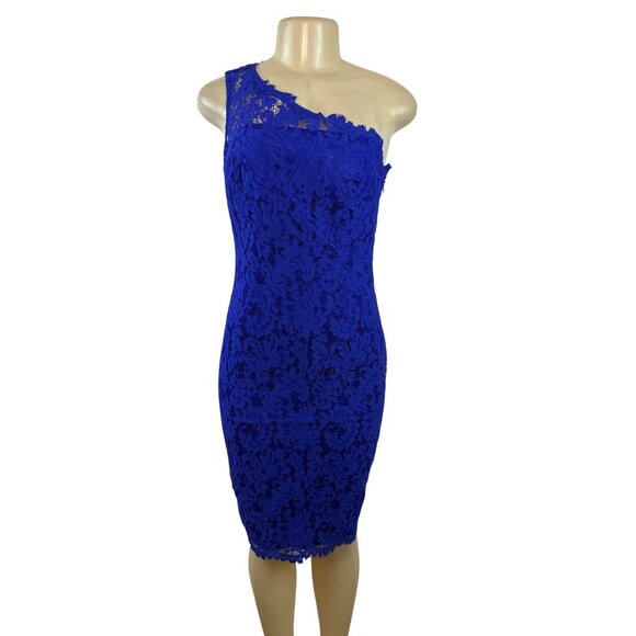 Eliza J Womens One-Shoulder Royal Blue Lace Sheath Dress Sz 4 - New - Picture 1 of 9